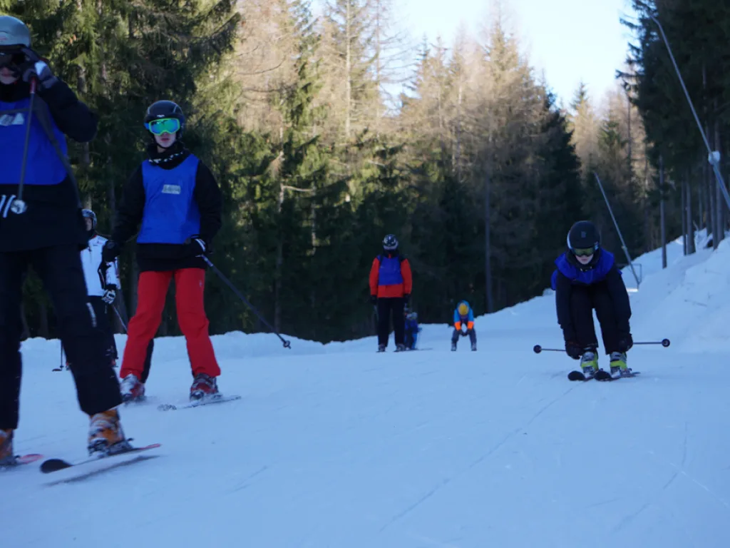 Skifahrende auf der Waldpiste.